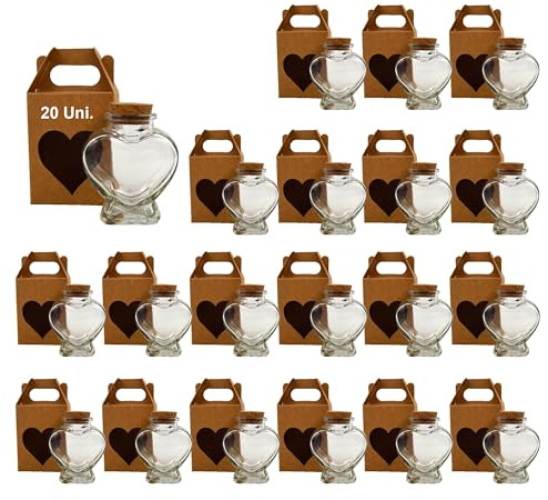 Espirito Rebelde 20 Fioles Magiques en Forme de Cœur 70ml avec Bouchon en Liège + 20 Boîtes | Décoration, Cadeaux et Souvenirs de Mariage | Fiole de Potions