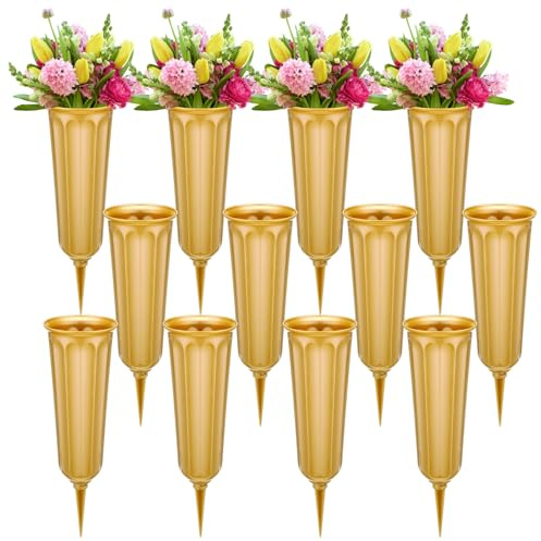 kymqlyw 12 Pcs Plastic Cemetery Vases with Spikes Memorial Flower Vase Cemetery Grave Flower Holder Ground Vases with Stakes for Artificial Fresh Flowers Lawn Headstone Graveside Decoration (Gold)