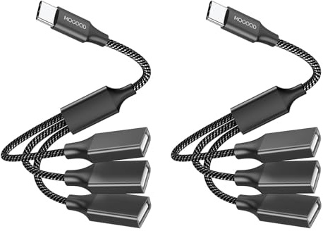 MOGOOD Adaptateur USB C vers 3 USB 2.0 Hub Dongle Noir 2 Pièce | Aluminium, Plug-Play. 3 ports USB-A, lecture simultanée. Compatible MacBook, iPad, Surface Go, Galaxy S8/S9, Dell XPS.