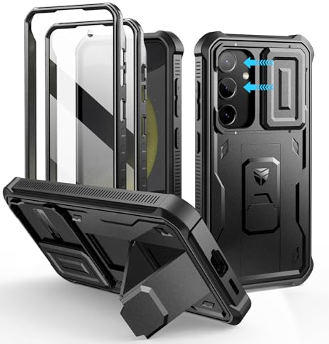 Dexnor pour Coque Samsung Galaxy S24【Double Cadre Avant et Support】 avec CaméRa Coulissante Intégrée & Protecteur d'écran, Coque de Protection Robuste Résistante Aux Chocs - Noir