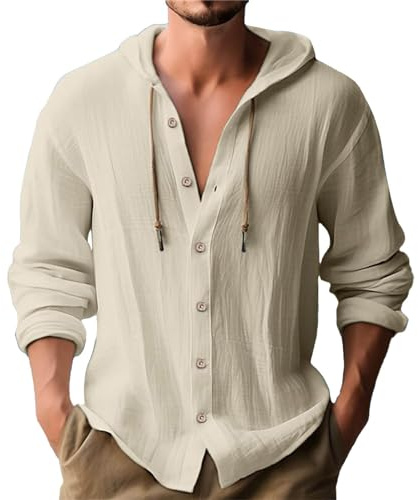 Camisa De Lino para Hombre con Capucha de Manga Larga con Bolsillo Cómoda Camisas con Cierre De Botón De Ocio Shirts Color Sólido Verano Camisa Camisa Hawaiana