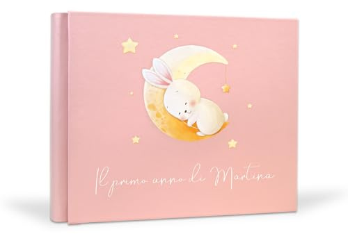 Album foto nascita bimba personalizzato, Album foto i primi ricordi del neonato, Primo anno di vita, Primo compleanno 25x30 100 pagine Interno avorio, Copertina in ecopelle (25x30 100 pagine, Rosa)
