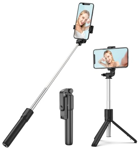 H.May Perché à Selfie, Selfie Stick Trépied pour Téléphone avec Télécommande Détachable Compatible avec iPhone et Android des Smartphones, Enregistrement Vidéo, Blogage, Noir
