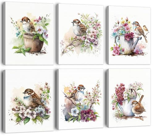 BINCUE 6 Stück Kolibri Abstrakt Vögel Bilder Leinwand Rosa Blume Wandbilder Aquarell-Wandkunstdruck Vogel-Kunstdruck Modern Kolibri Natur Tiere Wanddekoration Abstrakter 20x25cm