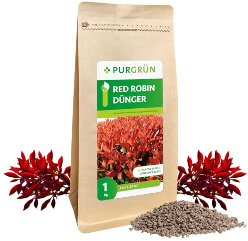 Purgrün® Red-Robin-Dünger 1 kg – Magnesium für eine intensive Blattfärbung – Erhöhte Widerstandskraft dank Kalium – Verbessert die Bodenqualität mit Tonmineralien – Heckendünger für ca. 30 Pflanzen