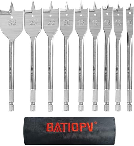 BATIOPV Set di Punte Piatte per Legno, 9 Pezzi, Ø 10-32 mm, Codolo Esagonale a Cambio Rapido da 1/4, Ideale per Lavorazione del Legno e Plastica, con Custodia in Nylon
