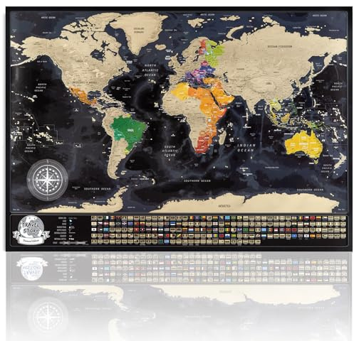 Scratch off World Map - Svart karta med guldfolie, världskarta med landsflaggor