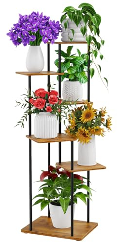 6 Niveaux Support pour Plantes 113 cm, Étagère pour Plantes en Métal Bois, Porte Plantes D'intérieur pour Plusieurs Plantes, Support Pot de Fleur Décorer le Balcon du Jardin, Salon, Bureau, Noir