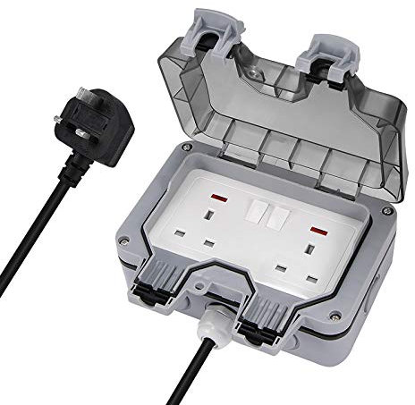 Wowlela Outdoor Socket, Outdoor Double Sockets with 3M Extension Lead, IP66 Weatherproof Switched Wall Electrical Outlet 13 Amp 2 Gang Power Socket with Switch Indicator Light for Garden Garage Yard