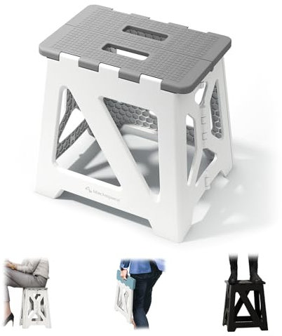 BLACKSPACE Hocker Klappbar, Stabil & Anti-Rutsch Faltbar Tritthocker, Tragbarer Leichtgewichtig, Ideal für Bad, Toilette, Küche - 33cm Hoch (Grau/Weiß)