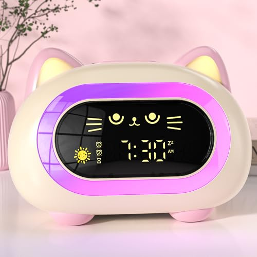 ANALOI Alarm Clock for Kids, Kids Alarm Clocks for Girls with Sleep Training Dual Alarm Eye Protection Auto Off Timer 10 Color Night Light, Cat Ok to Wake Clock, Gifts for Kids Girls