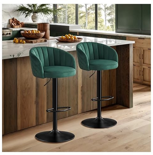 STOOLINK Barhocker Höhenverstellbar 2er Set Barstuhl Milch-samtstoff, Bar Stühle mit Lehne und Armlehne Barstuhl 360° Drehbar, Verstellbarer Tresenhocker, Barhocker Belastbar 150kg-Grün