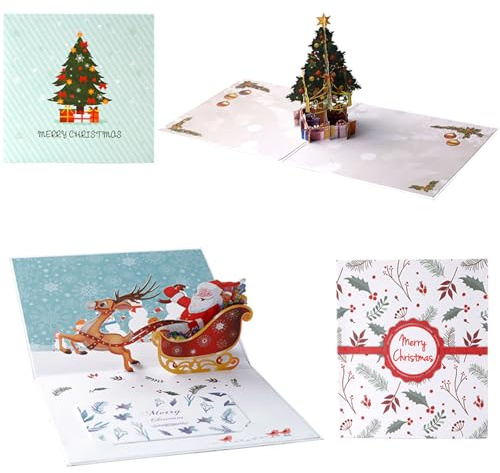 Pop Up Karte Weihnachten, 2 Stück Weihnachtskarten 3D, Pop Up Weihnachtskarte mit Umschlägen, Christmas Cards für eine Festliche Weihnachtspost für Familie und Freunde