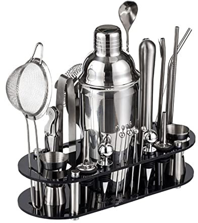 Juego de 23 cocteleras de acero inoxidable con soporte acrílico y folleto de recetas de cóctel. Juego de herramientas de bar perfecto para mezclar bebidas, bar en casa o fiestas. Bar de 750 ml