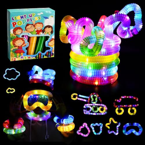 Knicklicht Pop Tubes 12 Stück, Mitgebsel Kindergeburtstag, Knicklichter LED Pop Tubes Fidget Toys Leuchtstäbe Armbänder Party Deko Set, Sensorik Spielzeug Halloween Weihnachtstag Sensorik Spielzeug