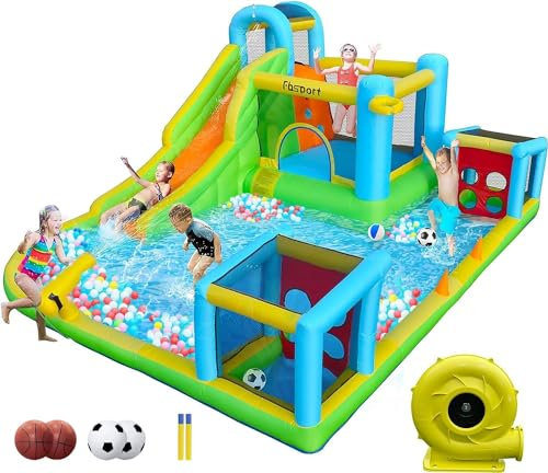 FBSPORT hüpfburg Outdoor mit gebläse 480 x 370 x 210 cm hüpfburgen Kinder aufblasbare hüpfburg draußen XXL Outdoor für Erwachsene groß hüpfburg mit rutsche geeignet für Kinder von 3 bis 12 Jahren