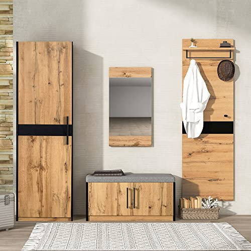 boorbin Stylische 4-teilige Wandgarderobe-Set mit Spiegel, Sitzbank, Haken & Ablage - Komplette Hallenmöbel aus Massivholzoptik,Garderoben Set für Schlafzimmer, Wohnzimmer