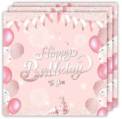 ParPix 20 Stück Rosa Servietten Geburtstag, 33x33cm Happy Birthday Servietten Rosegold, Geburtstagsdeko Serviettens, Tischdeko Geburtstag Papierservietten, Geburtstags Servietten Pink für Frau Mädchen