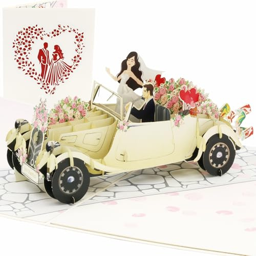 design3dkarten® Pop Up Karte Hochzeitsauto – handgemachte 3D Hochzeitskarte fürs Brautpaar als Glückwunschkarte Hochzeit, Geldgeschenk, Hochzeitsgeschenk oder Gutschein für die Hochzeitsreise