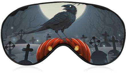 Bequemer Augenschutz für die Nacht, Halloween-Augenabdeckung mit Vollmond und bösem Kürbis-Raben-Muster, weiches elastisches Band für Damen und Herren