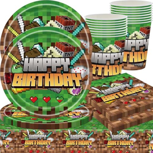 Gioco Tema Party Stoviglie,Set Di Accessori Per Feste Da Gioco,Decorazioni Gioco Stoviglie per Compleanno Tovaglia Decorazioni Torta Piatti Carta Tovaglioli (61PCS 20Invitati)