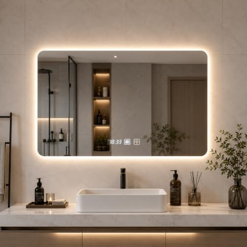 Viugreum LED Badspiegel mit Beleuchtung, 80x60cm Badezimmerspiegel Anti-Beschlag, Wandspiegel Badezimmerspiegel, 3 Lichtfarbe Einstellbare Spiegel Bad mit Beleuchtung, Touch-Schalter, Memory-Funktion