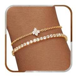 J.Fée 2PCS Armband Damen Gold, Freundschaftsarmbänder 16+5CM Kleeblatt Armband S925 Partner Armbänder Silber Damen, Verstellbares Mit Cubic Zirkonia, Geschenke für Frauen Geburtstag Jahrestag