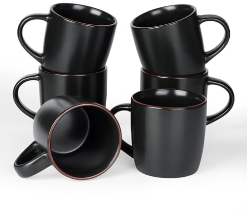 Richmount Mercury Kaffeetassen-Set, 6-teilig, 384 ml Kaffeetassen, mikrowellen- und spülmaschinengeeignet, Tassen mit Henkel für Kaffee, Tee, Kakao, Milch, Matt-Schwarz | Tassen mit Griff, Keramikbecher für die Küche, spülmaschinenfest und mikrowelle, für Kakao/Milch/Tee