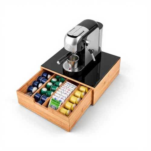 BRICOZONE Cassetto Porta Cialde in Bambù Con Ripiano in Vetro Organizer Per Capsule Caffè Con 4 Scomparti Salvaspazio Elegante Per Angolo Caffè