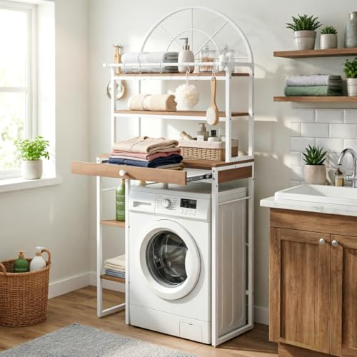 YITAHOME Regal für über der Waschmaschine, Regal für über der Toilette mit 3 Ablagen, Bogendesign, Materialmix aus Metall und Holz mit Schubladen-Stapelregal, 40D x 86W x 200H cm, Weiß
