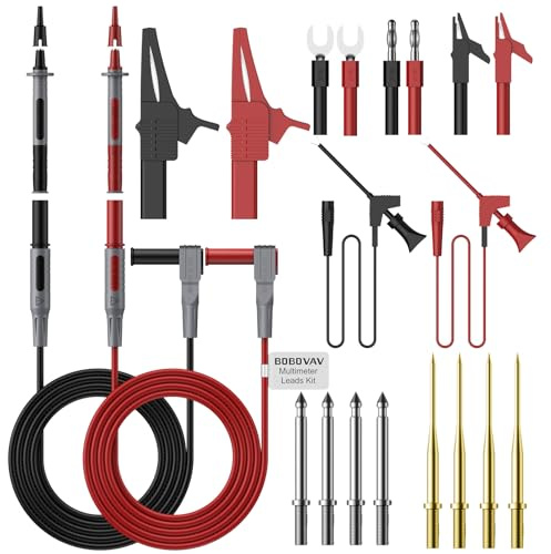 BOBOVAV Kit 25 Pezzi Puntali per Multimetro,Cavi di Prova per Multimetro con Morsetti/Ganci/Spine Banana/Connettori a Forcella per Manutenzione Circuiti e Test Elettrici,Punte Intercambiabili