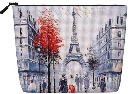 Paris City Tree Eiffel Tower Art Travel Cosmetic Case Fake Hemp Large Capacity Zippered Bag Water Resistant Daily Organizer