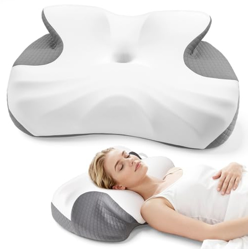 JKNJKN Side Sleeper Pillow, Memory Foam Cervical Neck Pillow, Dual Height Orthopedic Contour Pillow for Neck Support, Ergonomic Pillow for Side Back Stomach Sleepers with Breathable Washable Cover