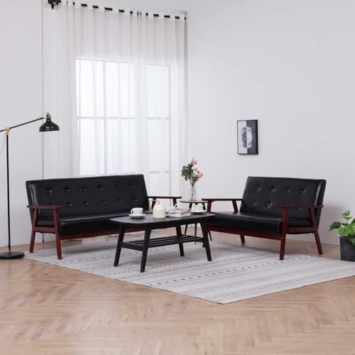 Keeushr 2-TLG. Polstergarnitur Sofa in Schwarz aus Kunstleder mit Massivholzrahmen und Schaumstoffpolsterung für Wohnzimmer