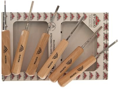 STUBAI Mikro Schnitzeisensatz 6-tlg. mit Schnitzer Heft | Gerades Balleisen 3 mm, schräg 7 mm, Hohleisen 3 & 5 mm, gekröpftes Hohleisen 5 mm, Gaißfuß 3 mm | Profi Holzschnitzerei Werkzeug