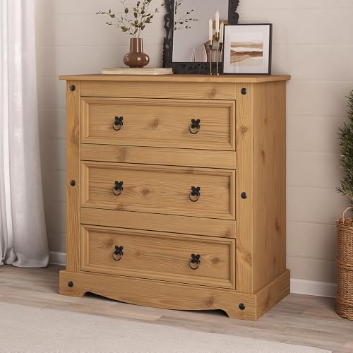 Corona Chest of Drawers 3 Drawer Mexican Solid Pine Wood Natural Wax Finish Black Metal Hardware