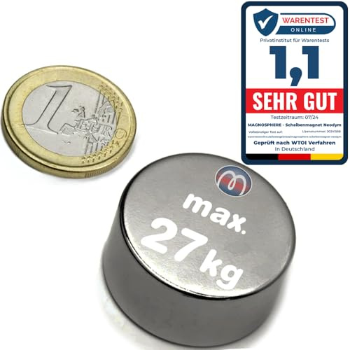 Scheibenmagnet Neodym Magnet-Scheibe Extra Stark - Haftkraft bis 750kg - Starke Rundmagnete - Runde NdFeB Magnete, Größe: Ø 30x15 mm | 27kg Haftkraft