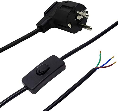 2m Zuleitung Schwarz mit Schutzkontakt-Stecker u. Schnurzwischenschalter | Anschlusskabel Netzkabel Schlauchleitung 3x0,75qmm 250V mit Winkelstecker und Schalter AN/AUS