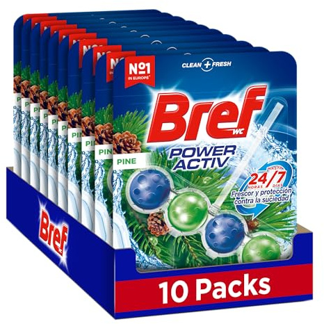 Bref Power Activ Pine (10 unidades), limpia baño con fórmula 4 en 1, cesta higiénica y protectora para inodoro, con aroma a Pino, limpiador baño antical, 24 h de protección