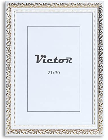 VictoR Vintage Bilderrahmen „Rubens“ in 21x30 cm (A4) Weiß Gold - Leiste: 30x20mm - Echtglas - Fotorahmen Barock - Antik - Bilderrahmen 20x30 Vintage - Fotorahmen A4 Weiß