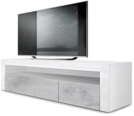 Vladon Valencia Lowboard, TV Unit with 1 Open Compartment and 2 Drop-Down Doors, White Matt/concrete grey oxide/white high gloss (155 x 46 x 40 cm)