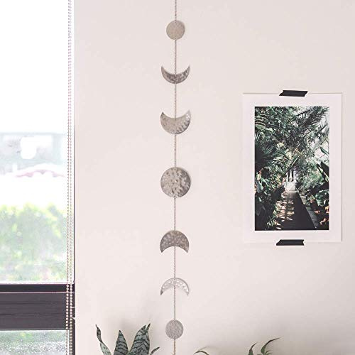 BASE ROOTS Fase lunar, decoración de pared plateada para dormitorio y sala de estar, decoración de pared bohemia, metal martillado hecho a mano de 34 pulgadas, luna de 7 fases, arte de pared celestial