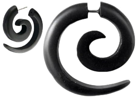Earth Accessories Spiral Fake Gauges for Women or Men - Faux Gauge Earrings with Organic Wood and Surgical Steel - Fake Plugs Sold as a Pair in Black