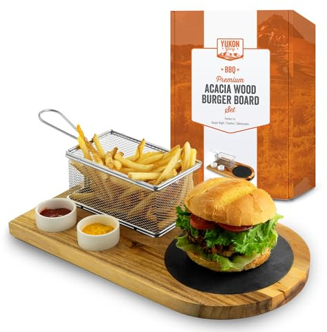 Yukon Glory Burger-Servierset, perfekt für Feinschmecker, Burger-Liebhaber und Tischdekorationen, inklusive hochwertigem Akazienholzbrett mit Schiefer, Edelstahl-Bratkorb und Porzellan-Gewürzbechern