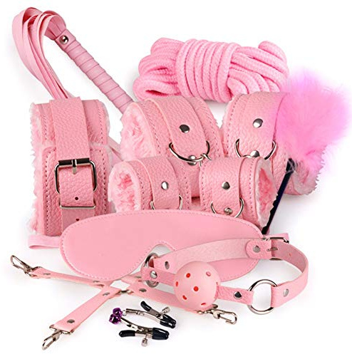 YANXS 10 Stück/einstellen Sex Bondage Set Leder Weiches Plüsch Einstellbar Sex Bett Fesselset Handschellen Fußfesseln Nippelklemmen Knebel Seile Peitsche SM Sexspielzeug für Paare,Rosa