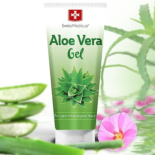 SwissMedicus Gel de Aloe Vera - 200 ml - Natural, Rostro - Cabello y cuerpo - Ideal para la reparación de quemaduras solares - Erupciones - Extracto 100% de jugo de Aloe Vera - 200ml