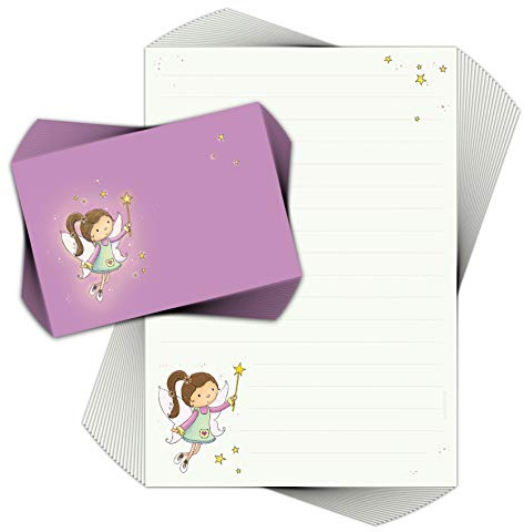Briefpapier-Set für Kinder kleine Fee mit 20 Blatt DIN A4 mit Linien inkl. 20 bedruckte Umschläge/Briefpapier für Kinder/Briefpapierset Mädchen/Feen und Elfen