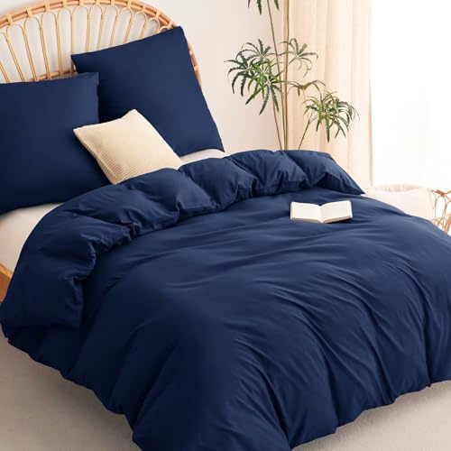 WAVVE Bettbezug 200x200cm mit 2 Kissenbezüge 80x80cm, Mikrofaser Bettwäsche-Sets Dunkelblau mit Reißverschluss, Oeko-TEX Zertifiziert, Weich & Bügelfrei, für Zuhause und Hotel, Marineblau