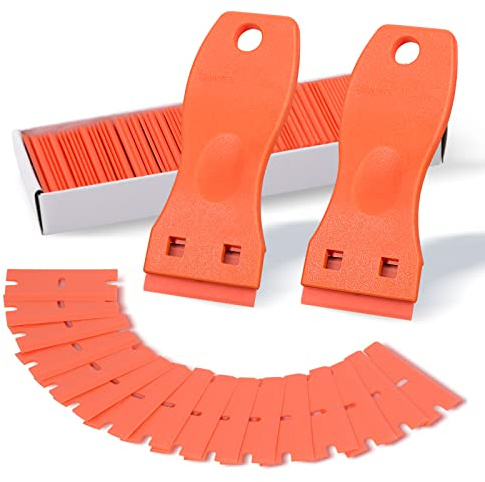 FOSHIO 2PCS Orange Plastic Razor Blade Scraper Tool and 100PCS Orange Plastic Blades for Gasket Remover, Sticker Remover, Labels Decal and Adhesive Remover for Windows and Glass