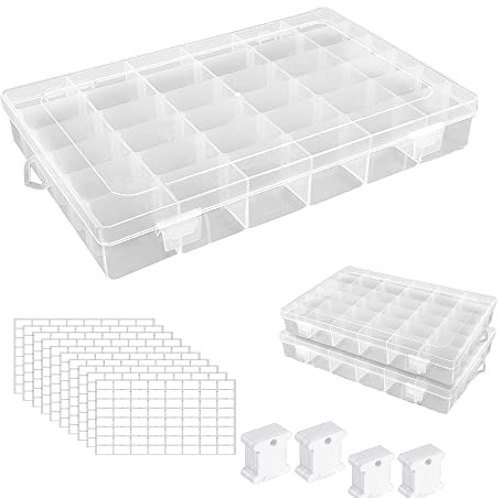 2 Stück Stickgarn Aufbewahrung mit 36 Raster, Kunststoff Aufbewahrungsbox | Aufbewahrungsbox mit 200 Stück Plastikseide Stickgarn Karten, 8 Leere Aufkleber für Basteln Nähen